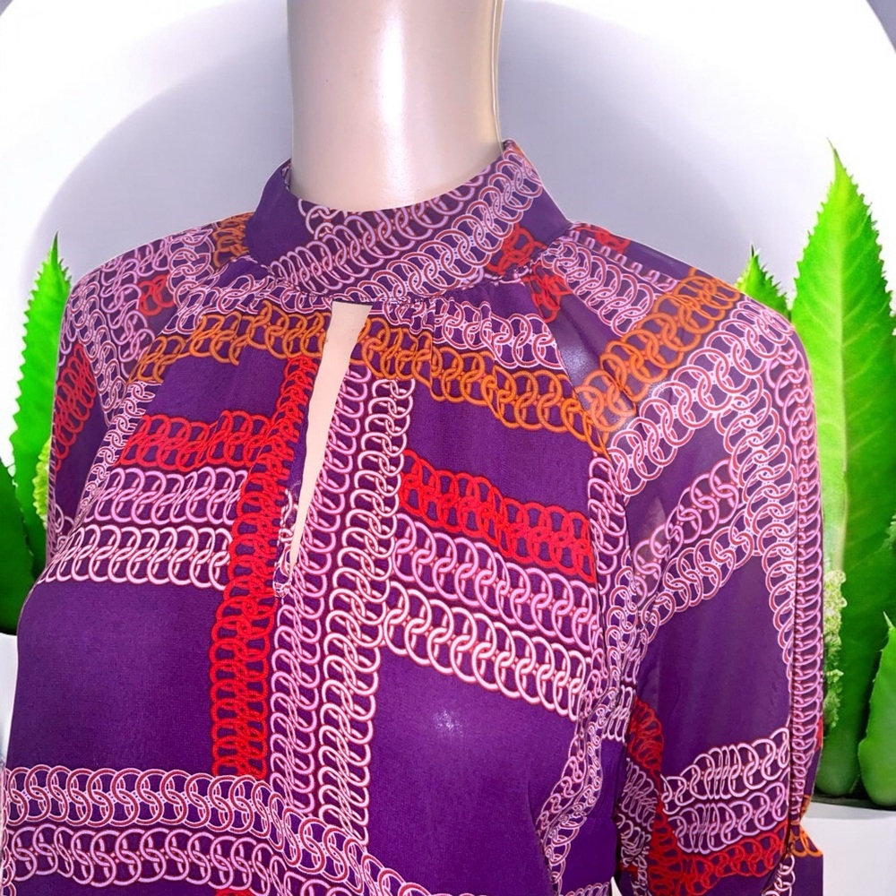 New York & Company Printed Dolman-Sleeve Keyhole Neck Waist Tie Blouse - Picture 12 of 15